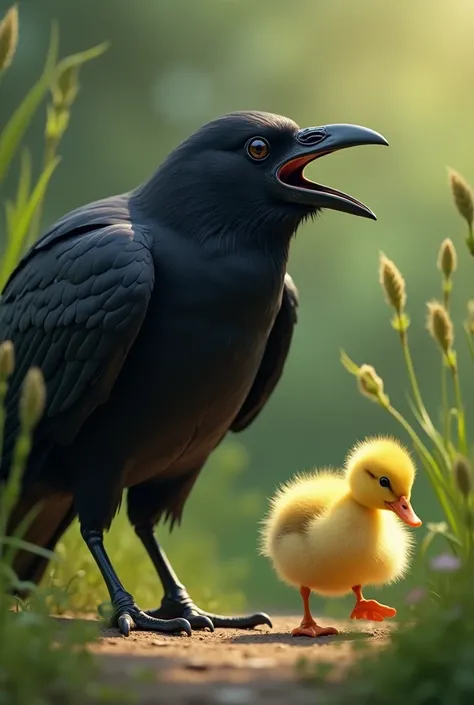 The mother paw crows ,  but the duckling doesn't notice.