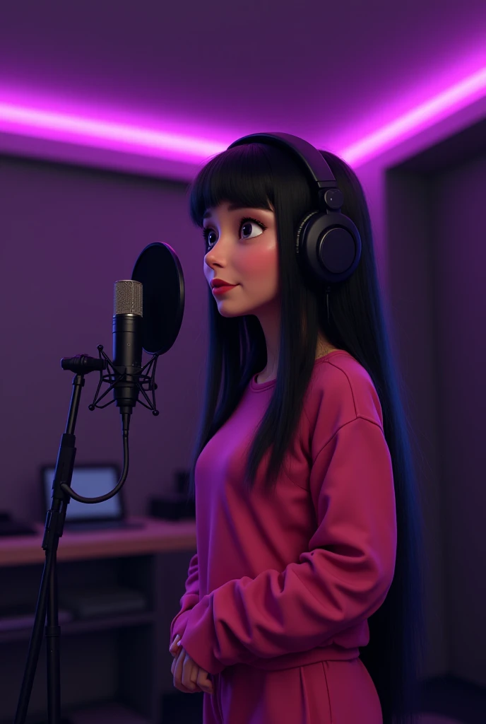 Woman 30, long straight black hair, wearing dark pink sweatshirt and sweatpants with black recording headphones and microphone, recording a song at all black recording studio with violet neon lights at ceiling. 

Pixar Disney Cartoon Animation Character 