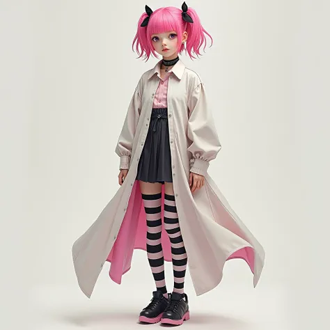 Create a boy with a long shirt, a skirt and thigh-length striped socks ,  and he has pink hair and some black ribbons in his hair