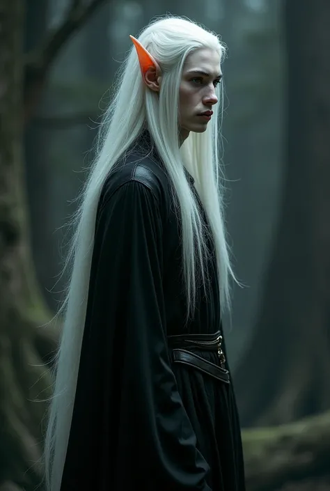 Male elf creature. Long White hair and skin. Bright eyes. Slim and tall. Black clothing. Soft expression. Dramatic lighting detailed and intricate.