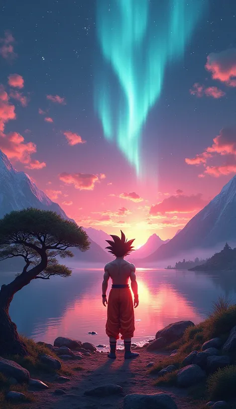 goku (  watching beautiful sunset ) (Aurora Boreales ) (lake surrounded by volcanoes ) (Goku ultra instinct) ( electricity around Goku's body) (shirtless) (arbol bonsai) ( stars in the sky ) 