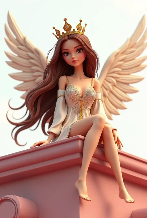 A beautiful Angel Barbie style 4k so realistic  with straight very dark brown, beige and  red hair and lots of long blonde streaks in the front sitting on the corner of the roof of building color Sakura pink  from the building got the the 3d  name art with...