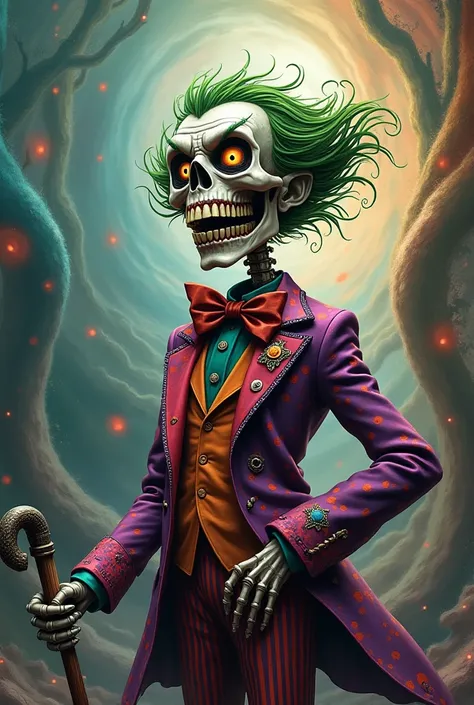 A strange and creative character combining the Joker with a skeleton in a fun and colorful suit.