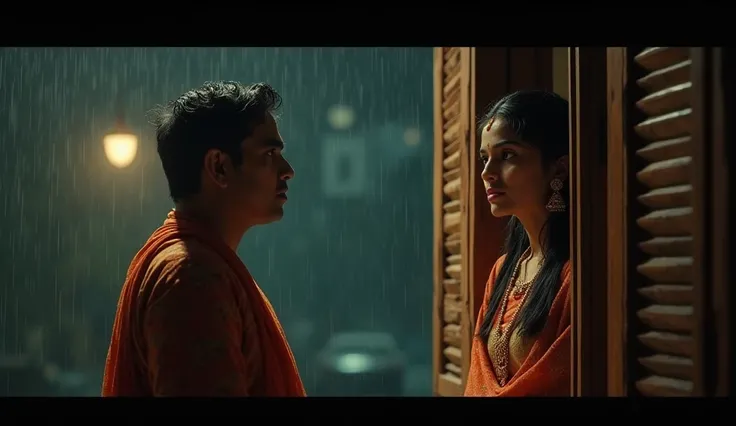 Create a realistic cinematic indian girl image "A traditional Indian home with Mamta in a room, looking out of a window with tears in her eyes. Outside, Vinod in a rain-soaked kurta stands under a street lamp, looking up at her window."