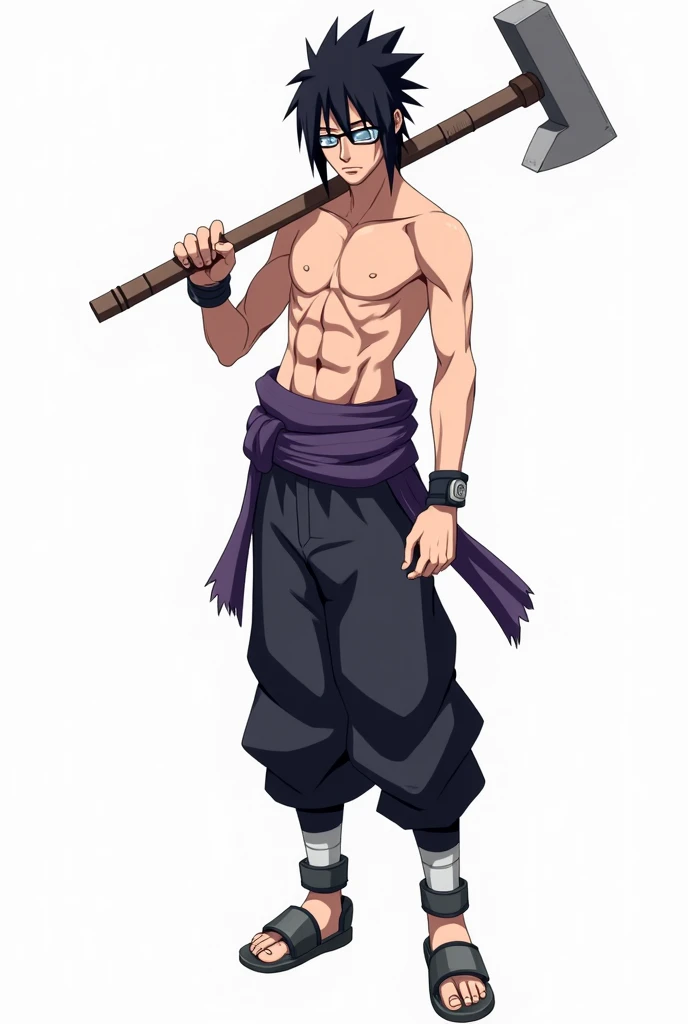  Sasuke Uchiha with pointed black hair and serious expression. exposed torsos .  outfit includes a wide belt of purple rope tied around the waist,  dark pants and ninja sandals with ankle protections .  He is holding a large hammer ,  that rests on his sho...