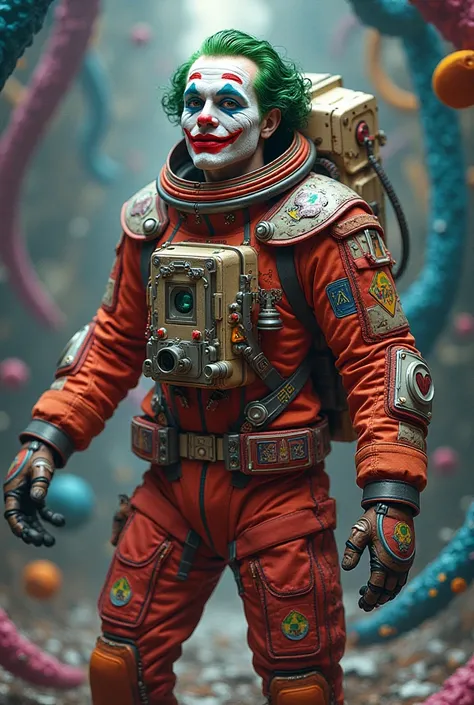 A strange and creative character combining the Joker with an astronaut in a cool, colorful, and not scary suit.