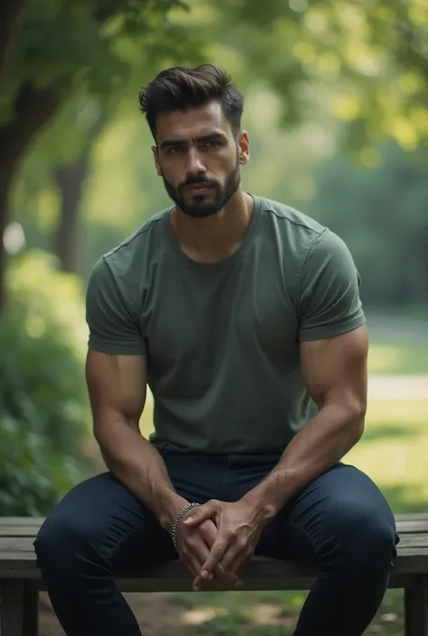 Image of a man sitting slightly muscular against the light in a park without much sharpness to look like a photo.