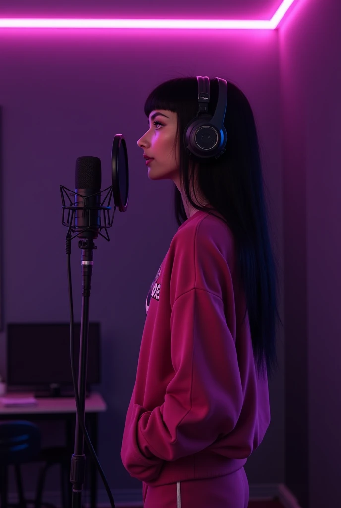 Woman 30, long straight black hair, wearing dark pink sweatshirt and sweatpants with black recording headphones and microphone, recording a song at all black recording studio with violet neon lights at ceiling. 

Pixar Disney Cartoon Animation Character 