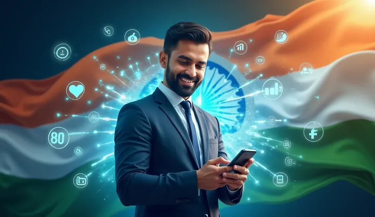 Design an eye-catching and vibrant poster showcasing an Indian businessman with a confident smile, wearing a smart suit, holding a smartphone, and looking at a graph or social media icons glowing around him. The backdrop includes the Indian tricolor subtly...