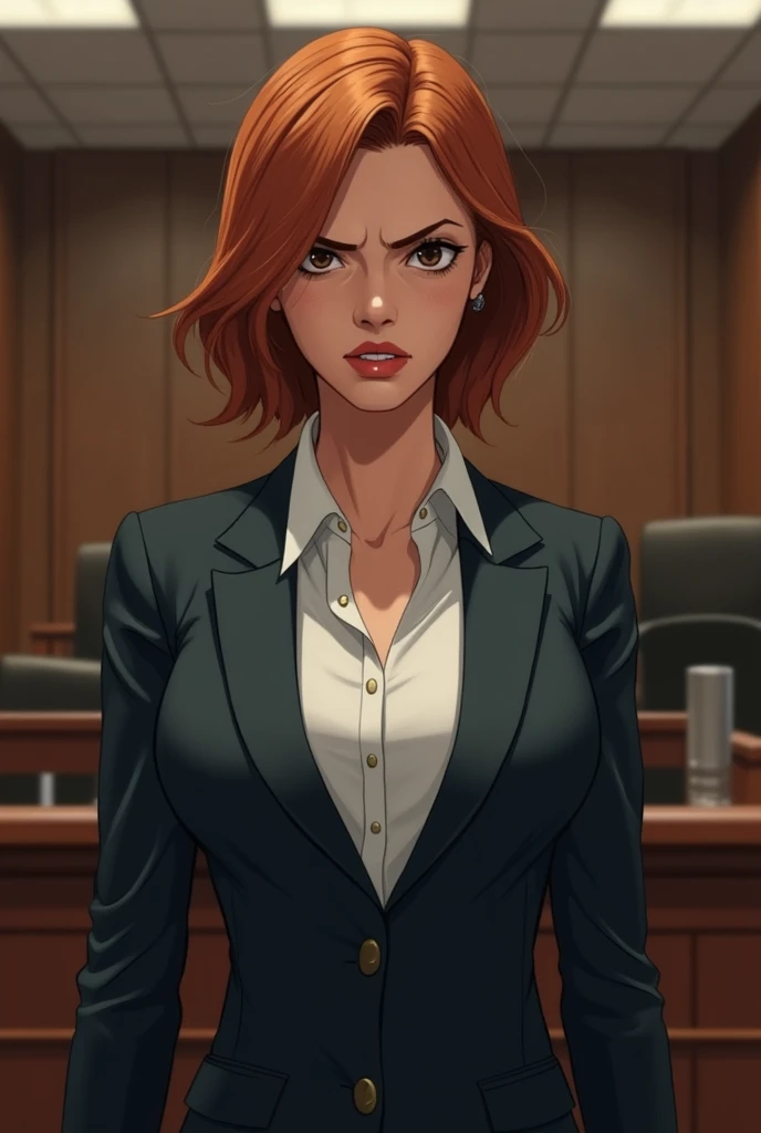  The girl with short hair in a suit looks down,  with displeasure , disgust ,  as if he hates, who . Figure: flat chest, , a medium-sized ass . short cinnamon hair.  The legal profession looks at 