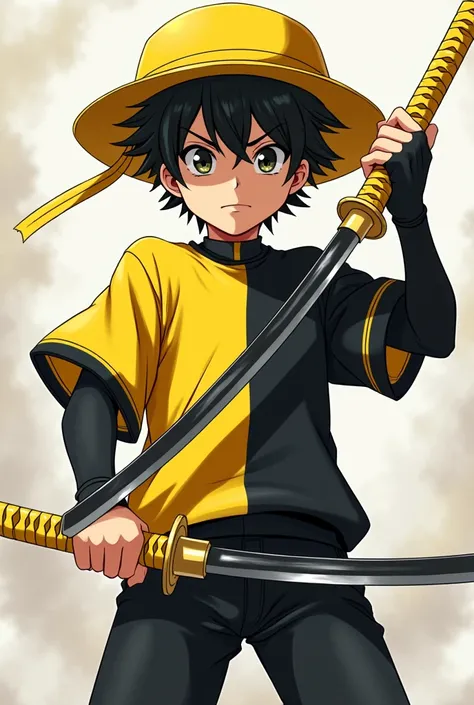 A boy holding two Yama  swords.Yellow hat, black face, one hand is black and the other is yellow. Black shirt with black trim and the other half is yellow. Black pants.anime