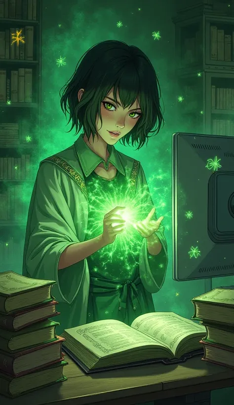 (anime) ( high quality)  A sorceress with short black hair,  with several books and a computer , with green magic 