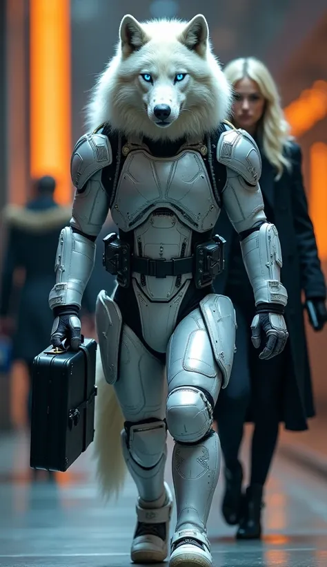 A full-body image of a humanoid white arctic wolf with piercing blue eyes, dressed in a futuristic silver tactical suit. The wolf walks confidently through a high-tech, modern urban environment with glowing orange lights in the background. It carries a bla...