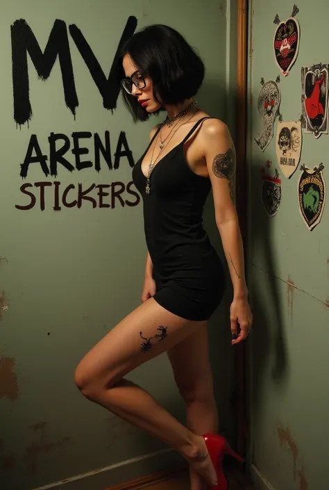  Sexy Maleficent Malevola woman with short hair wearing glasses with a black heart necklace written inside MV.  She wears red high heels and has sexy legs with a scorpion tattoo . On the wall is written in graffiti MV ARENA STICKERS 