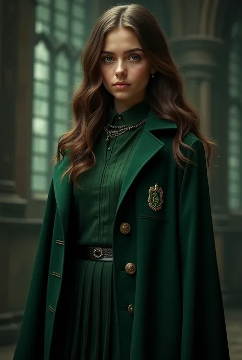 A white female ager ,  with brown hair and eyes and wearing a Slytherin uniform 