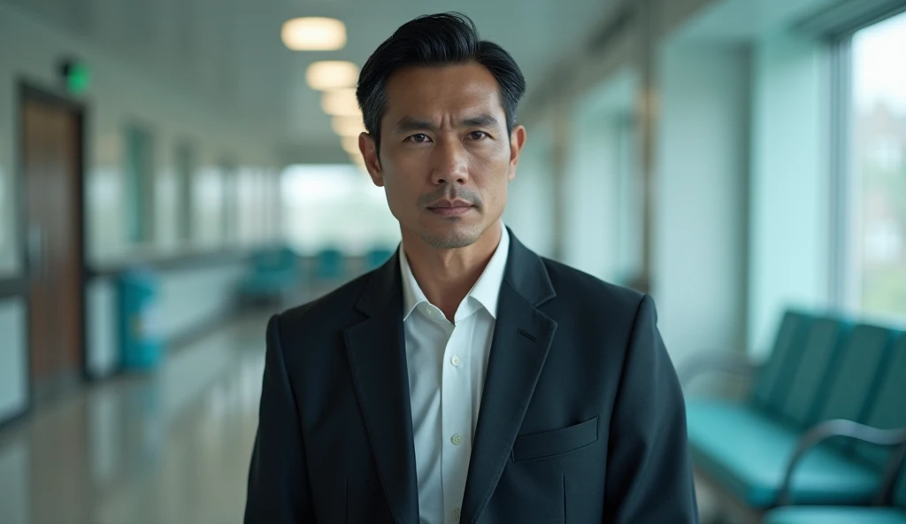 ultra-realistic portrait of a 30-year-old Indonesian man with a stern and focused expression, wearing a sleek dark blazer over a crisp white shirt, standing near a hospital waiting area with clean, modern architecture and subtle medical equipment visible i...