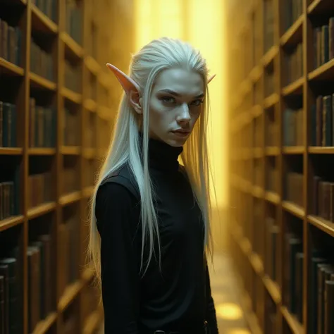 Young male elf creature. Long white hair and white skin. Slim and tall. Masculine. Bright eyes and blank expression. Yellow dramatic lighting. Extremely detailed and intricate. Standing in a library. Black clothing.