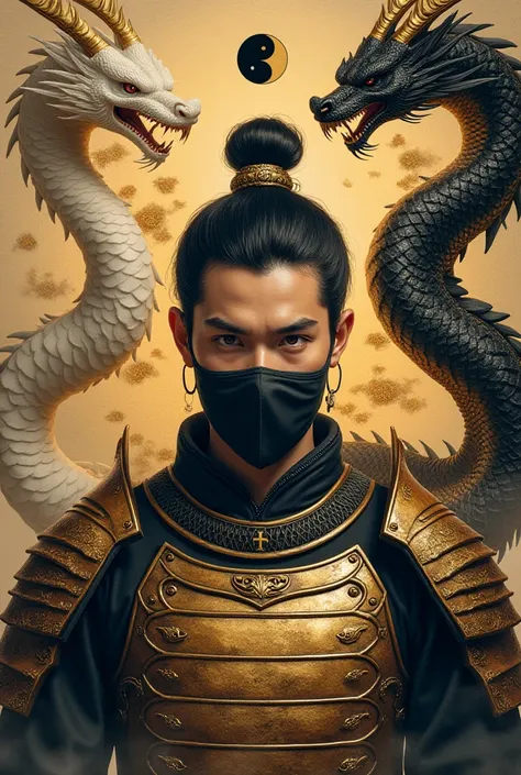 25 year old Samurai man with gold armor wearing a mask that covers his mouth short hair surrounded with two serpent dragons one white and one black with golden chi all around with yin yang side in thr background