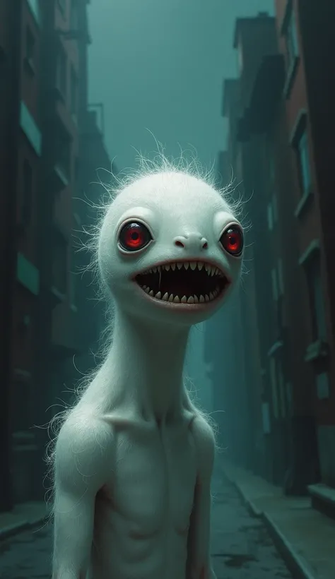 an artistic painting, an illustration, close-up face, of a monster called peloku, thin, small head, big mouth, hair all over the body, white body, red eyes, in a dark, gloomy and foggy street, at night