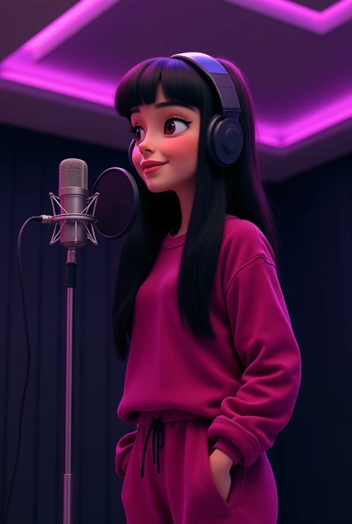 Woman 30, long straight black hair, wearing dark pink sweatshirt and sweatpants with black recording headphones and microphone, recording a song at all black recording studio with violet neon lights at ceiling. 

Pixar Disney Cartoon Animation Character 