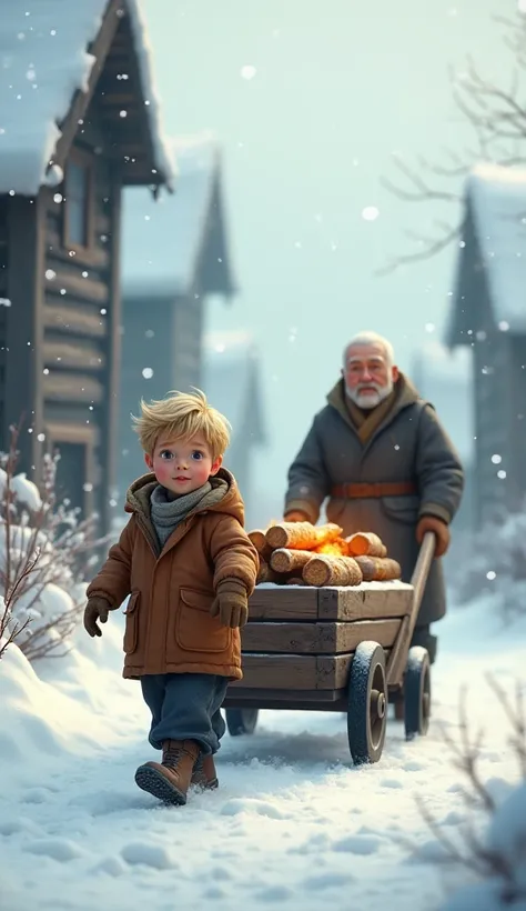 A young age  boy with a short blonde hair and an elderly man pushing a wooden cart with fire wood on a snowy path, on a snowy day