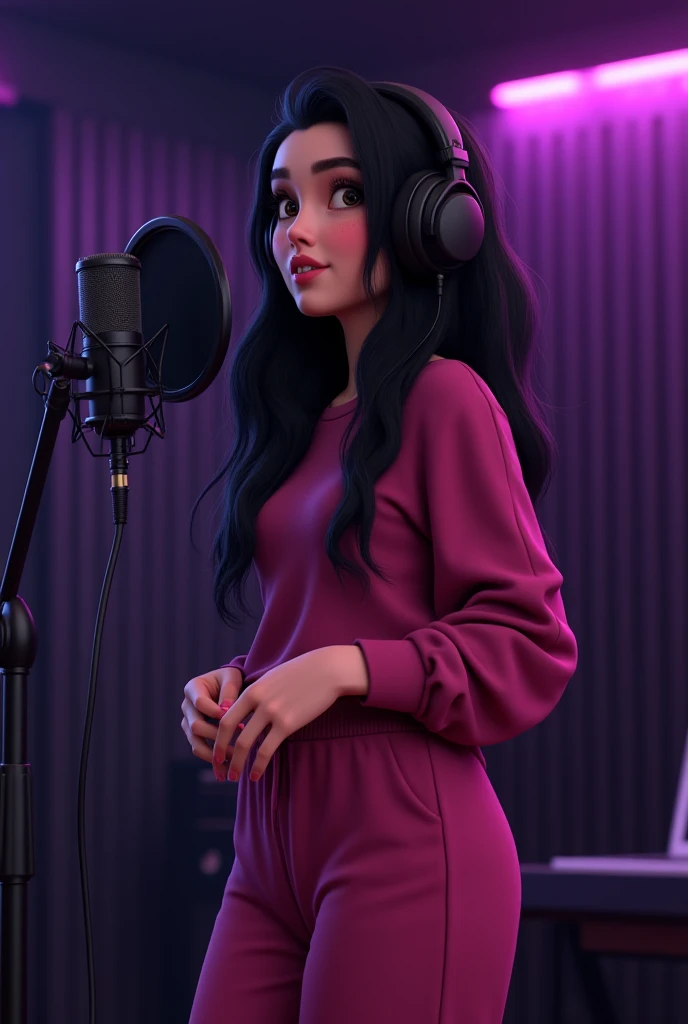 Woman 30, long straight black hair, wearing dark pink sweatshirt and sweatpants with black recording headphones and microphone, recording a song at all black recording studio with violet neon lights at ceiling. 

Pixar Disney Cartoon Animation Character 