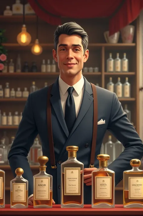 a thin white man in a suit and suspenders in the 50s selling perfume