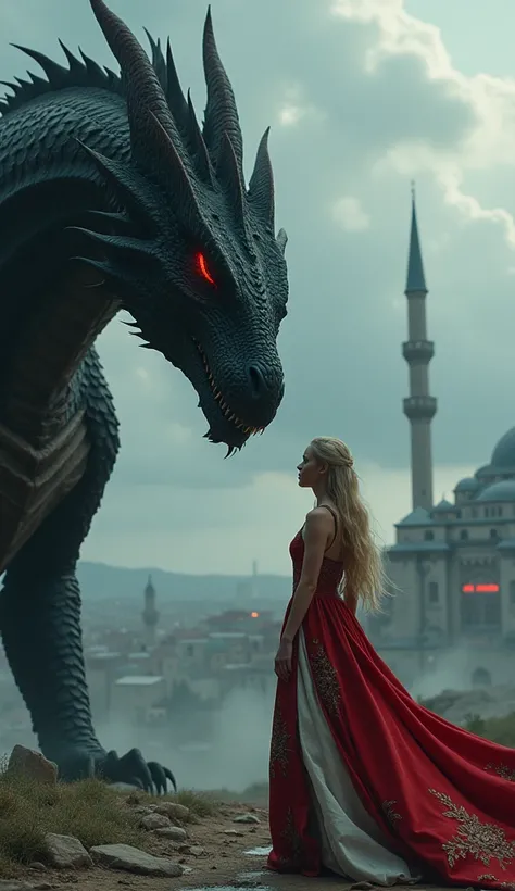 "A dramatic and epic fantasy scene where a towering black dragon with metallic, scale-like texture and red threatening accents faces a woman with long blonde hair. The dragon is massive, with an angular head, sharp horns, and glowing red eyes radiating pow...