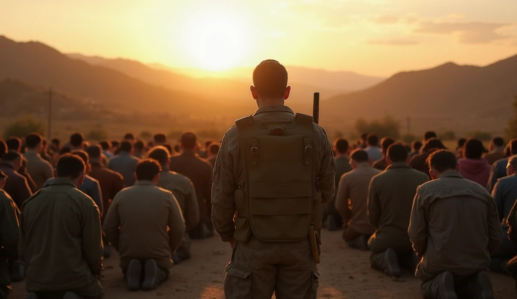 Davi, surrounded by the Israeli army and villagers, leads a moment of prayer. Everyone kneels with their heads bowed, and a sense of unity and reverence fills the atmosphere. The background shows a serene landscape with mountains and a golden glow from the...