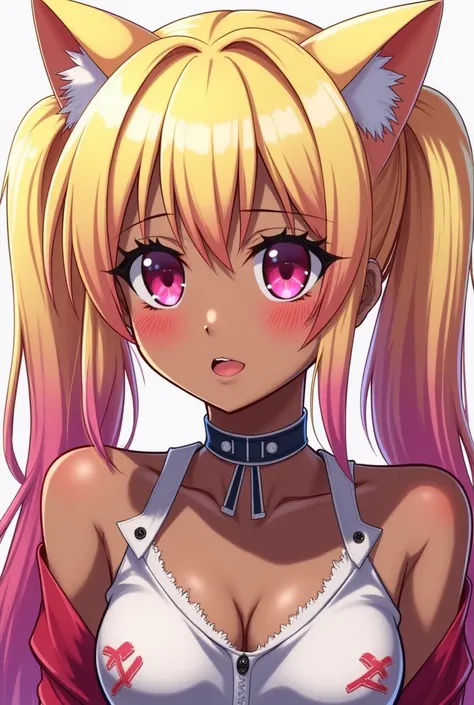 Screenshot from anime tokyo revengers, brown skin, girl, pink eyes, cat eyes, she has twintails, gyaru style, blonde hair with pink endings, mikey