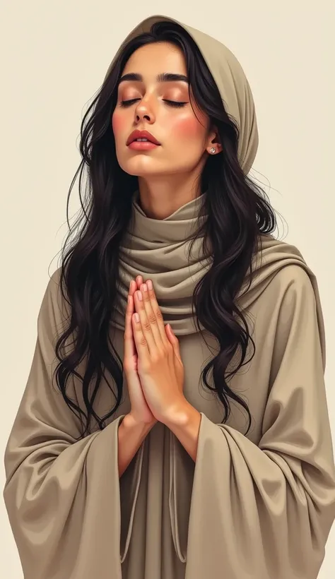  young Middle Eastern woman 、Illustration touch、 black hair、 long hair、 with her eyes closed、I'm wearing a hijab on my head、Praying 　　