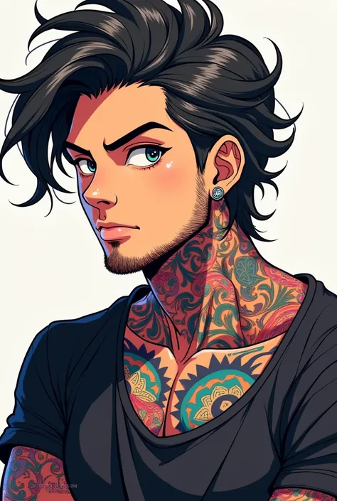 Boy tattoo artist with wavy hair ,  with beard and earring with tattooed neck and arms anime version