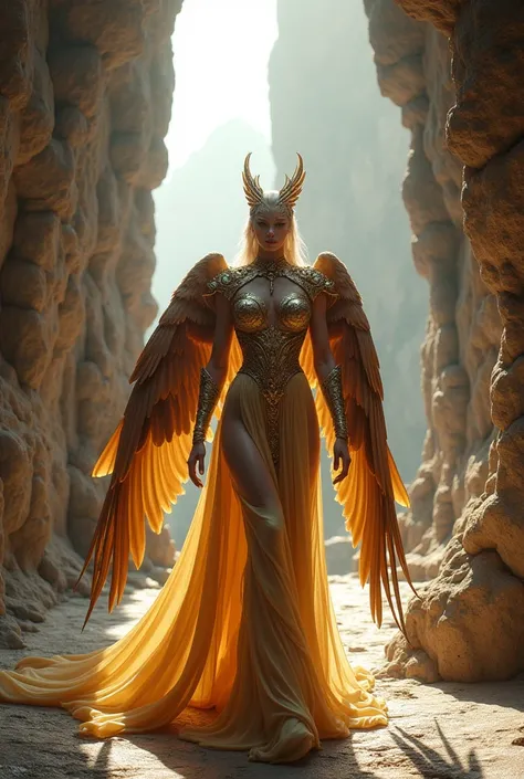 A majestic humanoid eagle queen walks confidently through an imposing rock castle situated at the heights of a mountain, radiating power and grace. Her feathers, in shades of gold and brown, shimmer under the soft light that enters through the rock opening...