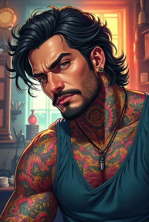 Male tattoo artist with wavy hair,  with beard and earring with tattooed neck and arms anime version