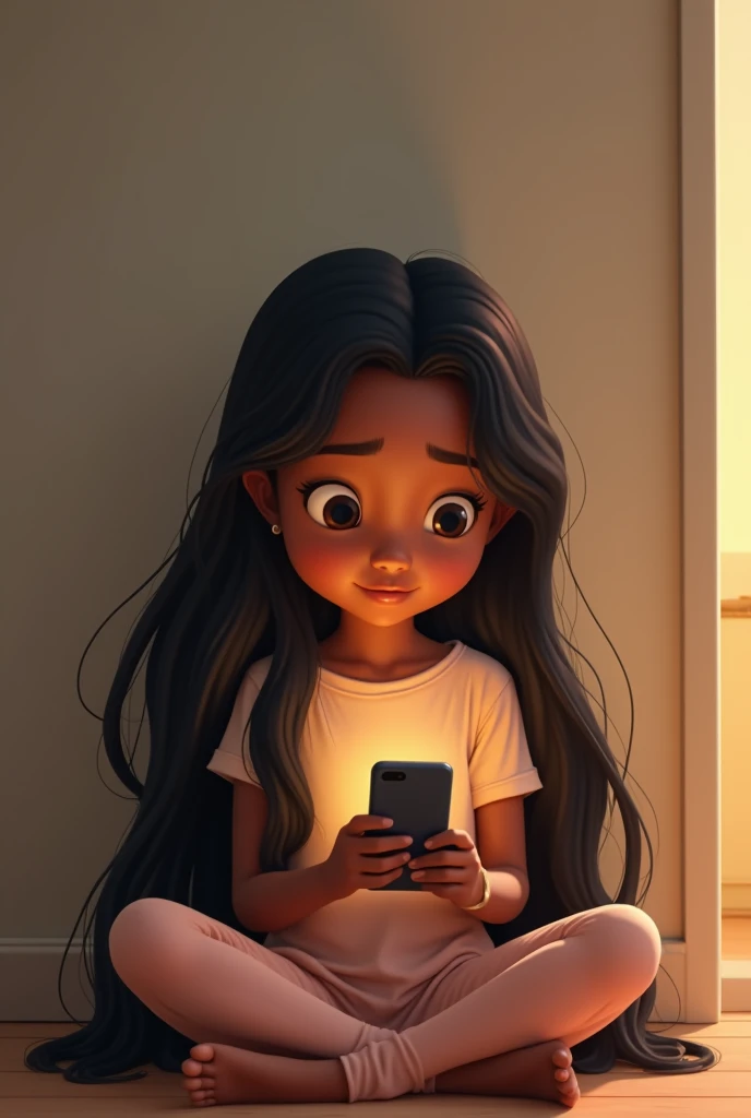 Young dark-skinned girl with long black hair in Pixar character mode sitting using her cell phone against the background of a simple and minimalist room with light tones