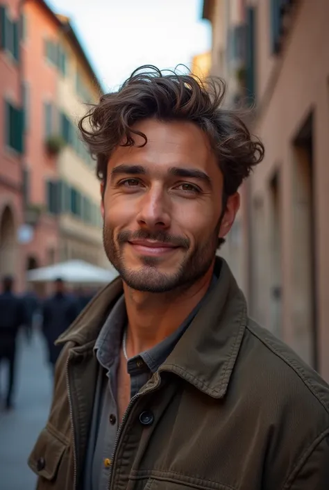 Homem beautiful,with youthful features, beautiful,  curly light brown hair , Brows specks , arrogant look and playful smile,  in the background of the city of Verona daily . Italian man,Frontal photo, Lightweight High resolution clothing,  masterpiece , Ne...