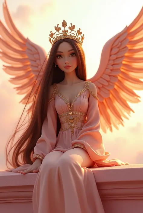 A beautiful Angel Barbie style 4k so realistic  with straight  hair very dark brown chocolate, with beige and  red hair and lots of long blonde streaks in the front sitting on the corner of the roof of building color Sakura pink   with the heaven view from...