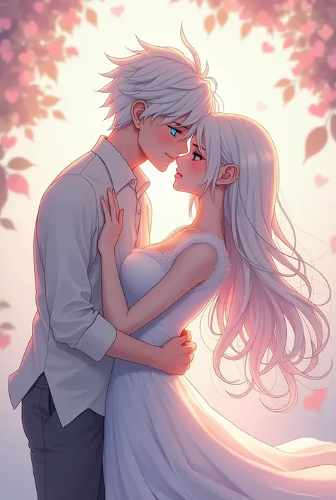 Anime guy with white hair and blue eyes in white kissing a girl with white hair and red eyes 