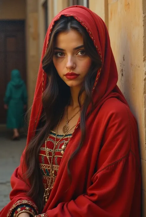 oil painting of a beautiful woman,  big eyes, red mouth, perfeita, beautiful Moroccan princess,  in typical clothes , walking through the streets of Fez, ultra detailed,  high quality, leonardo da vinci style,  high quality,  masterpiece , leonardo da vinc...