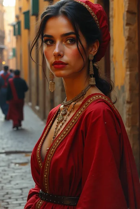 oil painting of a beautiful woman,  big eyes, red mouth, perfeita, beautiful Moroccan princess,  in typical clothes , walking through the streets of Fez, ultra detailed,  high quality, leonardo da vinci style,  high quality,  masterpiece , leonardo da vinc...