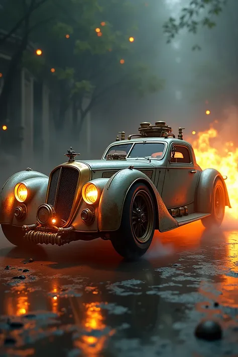 Steampunk car with ghost rider theme-blazing tires- motion blur- hyper realistic- 8k