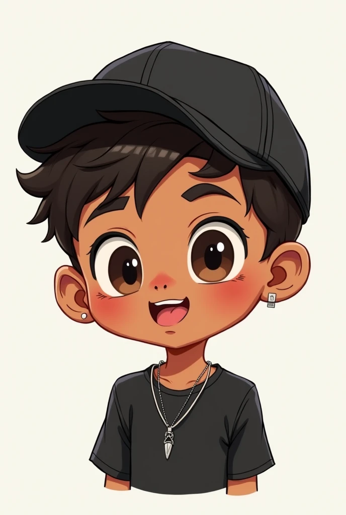 Chibi, Cinnamon-skinned boy,  with black shirt , black cap, silver necklace,  smiling,  sad, angry.