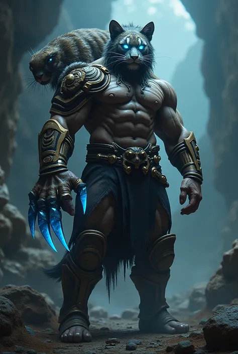 Create XxPhginokaxx et man as a man but his cool killer is a warrior with a big tiger claw on his shoulder eyes and his right eye shines in a strong blue color 