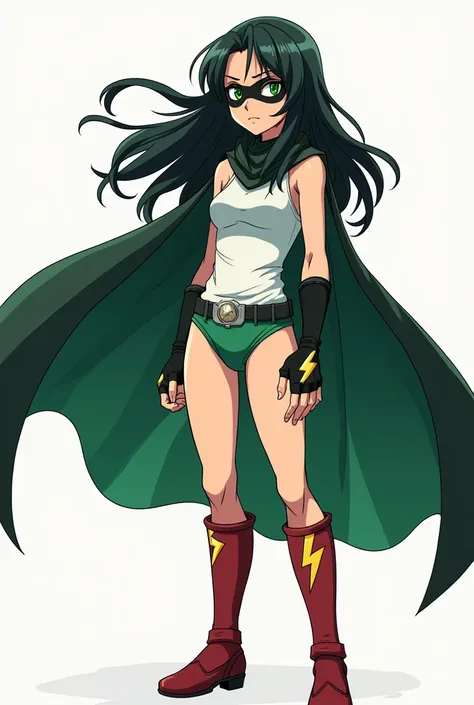 A tall sixteen year old girl with a medium athletic and proportionate build with (A (severus snape's daughter:(european girl,black hair, green eyes), hair and a tight white sports tank top, gloves, a cape, a black eye mask, green eyes, and emerald underwea...