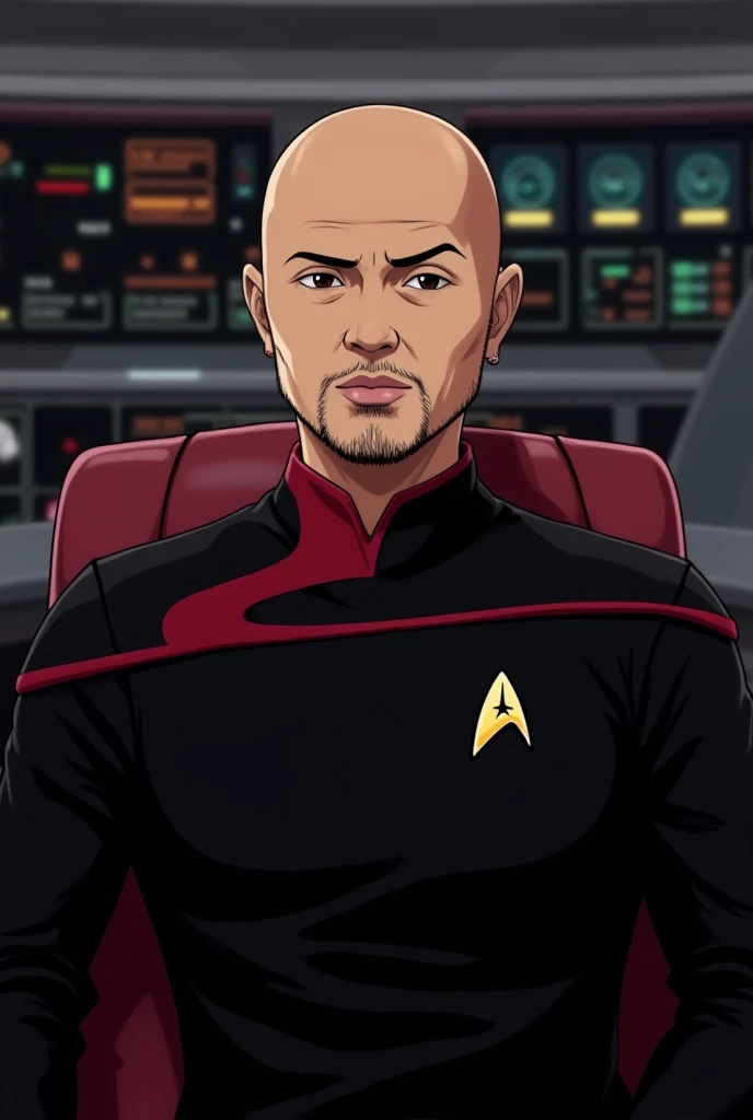  anime style.  Man with a completely hairless head, 40 years, barba tamanho médio completa Black. Star Trek captain .  Sitting in the command chair of a starship bridge. clothing: Black, with red detail on the neck and between the shoulders .  Star Trek Pi...