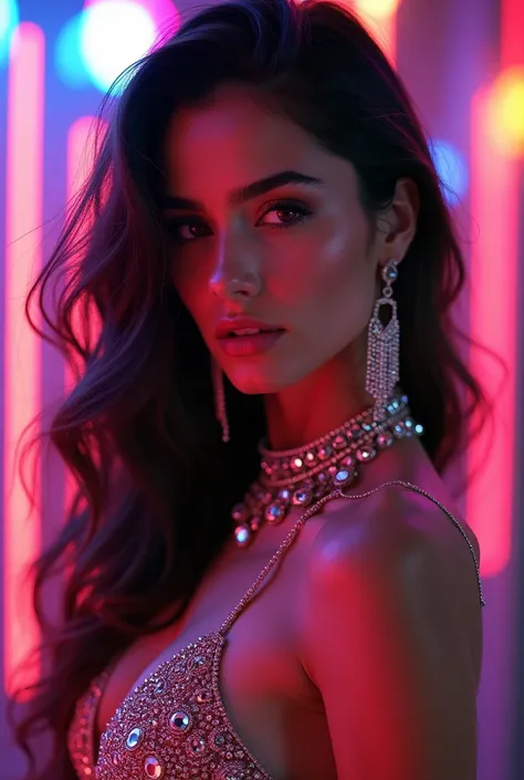  Beautiful Italian woman European imperrealist 8k hyperrealistic brunettes with long hair dressed in body chains in rhinestones and crystals and rhinestones. Ambiete colored neon lights .