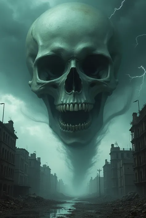 A tornado looking like a human skull over a ruined city
