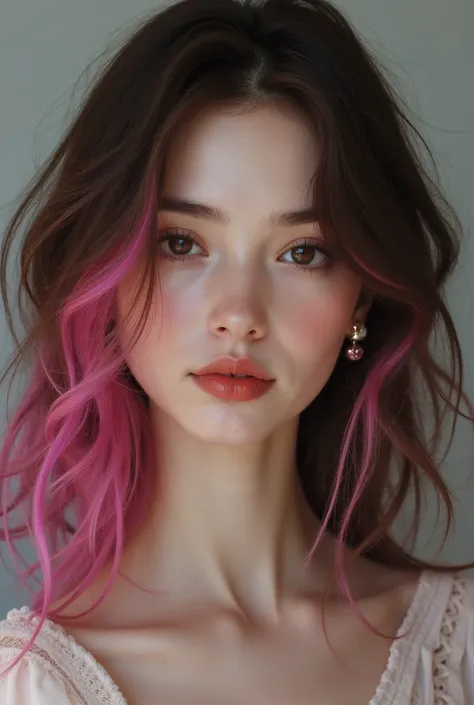 White woman with wavy brown hair with a pink lock 
