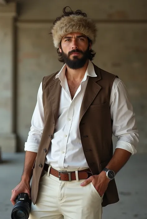 A 30-year-old male model, Large size,  hold a bit brown , Dressed in a shirt, blanc, vest and pants , tissu et chaussures,  very clean image , camera, NIKON,  very clean image  ,  30-year-old model man {x} headdress flap with well-tailored beard , arrière ...