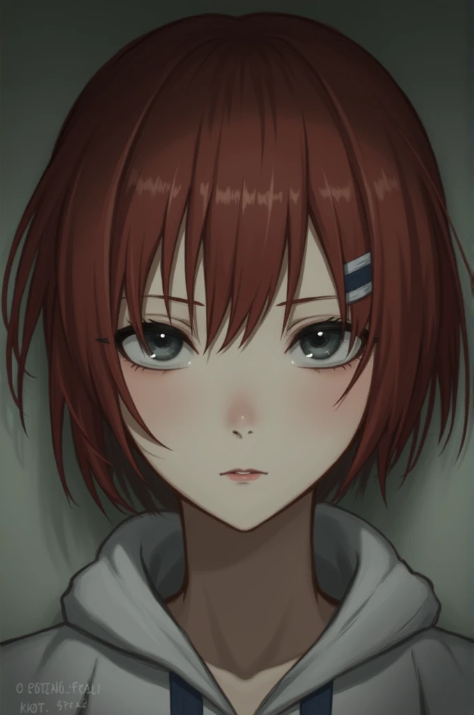  Girl with short reddish-brown hair, Gray eyes,  discreet scar on the eyebrow ,  There is a tired expression 